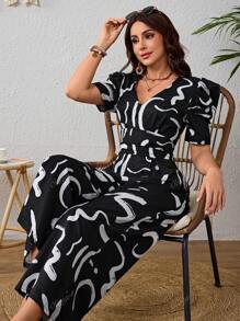 Elegante Mono De Pierna Ancha Escote En V Manga Abullonada Casual Para Mujer Con Estampado