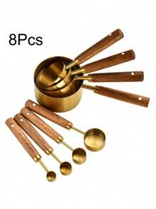 4/8Pcs Stainless Steel Measuring Cups And Spoons Set With Wooden Handle, Multiple Colors - Versatile Cooking And Baking Tools - Measuring Cups Set With Graduations - Kitchen Essentials, Food, Cooking, Travel, Kitchen Supplies, Kitchen Utensils. Multiple Colors, Multiple Sizes, Stackable Storage To Meet Your Different Needs