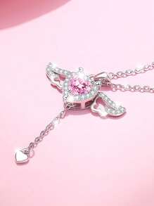 S925 纯银丘比特之心方晶锆石项链，天使翅膀吊坠项链，闪闪发光的宝石锁骨链，法式优雅浪漫风格，适合迷人时尚的女士，是情人节、生日、订婚、周年纪念礼物、派对或日常佩戴的理想选择，配有精美礼品盒 - 愛心翅膀型 - 查看 4