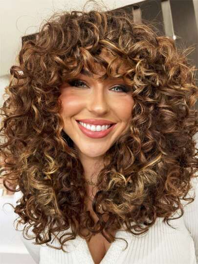Curly Wigs For Women Synthetic Loose Wig Ombre Blonde 18 Inch Natural Cosplay Hair Wig With Bangs Heat Resistant Wig