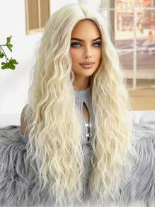 28英寸长波浪卷无刘海合成假发：外观自然，耐热，适合派对、角色扮演和日常佩戴 - 金色 - 查看 5