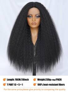 Kinky Straight Lace Front Wig 28Inch Synthetic T-Part 13x5x1 Long Lace Wigs Afro Yaki Straight Wigs Ombre Brown