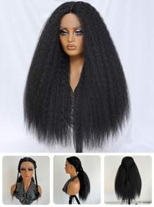 Kinky Straight Lace Front Wig 28Inch Synthetic T-Part 13x5x1 Long Lace Wigs Afro Yaki Straight Wigs Ombre Brown