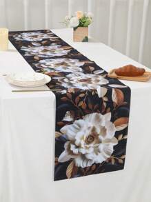 1pc 3D Floral Table Runner, 3D White Floral Theme Design Polyester Table Runner, Elegant White And Golden Floral Tablecloth, Party Festivals Gatherings Home Events Decorations Table Cloth, Desk Dining Tables Gift Tables Tabletop Decorations Table Cover, Kitchen Decorations Table Set , Room Decor Home Decor Table Skirt, Holiday Gifts Party Favors - 3D White Flowers - View 5