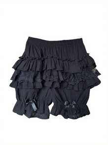 Womens Lace Trim Ruffle Shorts High Waist Solid Color Bow Bloomers Pajama Bottoms - Negro - Ver 2
