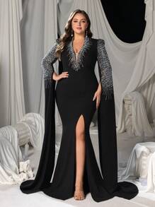 Curve Plus Elegant V-Neck Evening Gown With Beaded Long Sleeves, High Slit & Mermaid Hem – Perfect For Galas, Red Carpet Events, Weddings, Upscale Parties, Formal Occasions