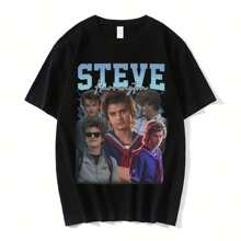 Steve Harrington T-Shirts Men's Graphics Print T-Shirt Uni Short Sve Oversize Pure Cotton T Shirt Haruku Streetwear - Black - View 1