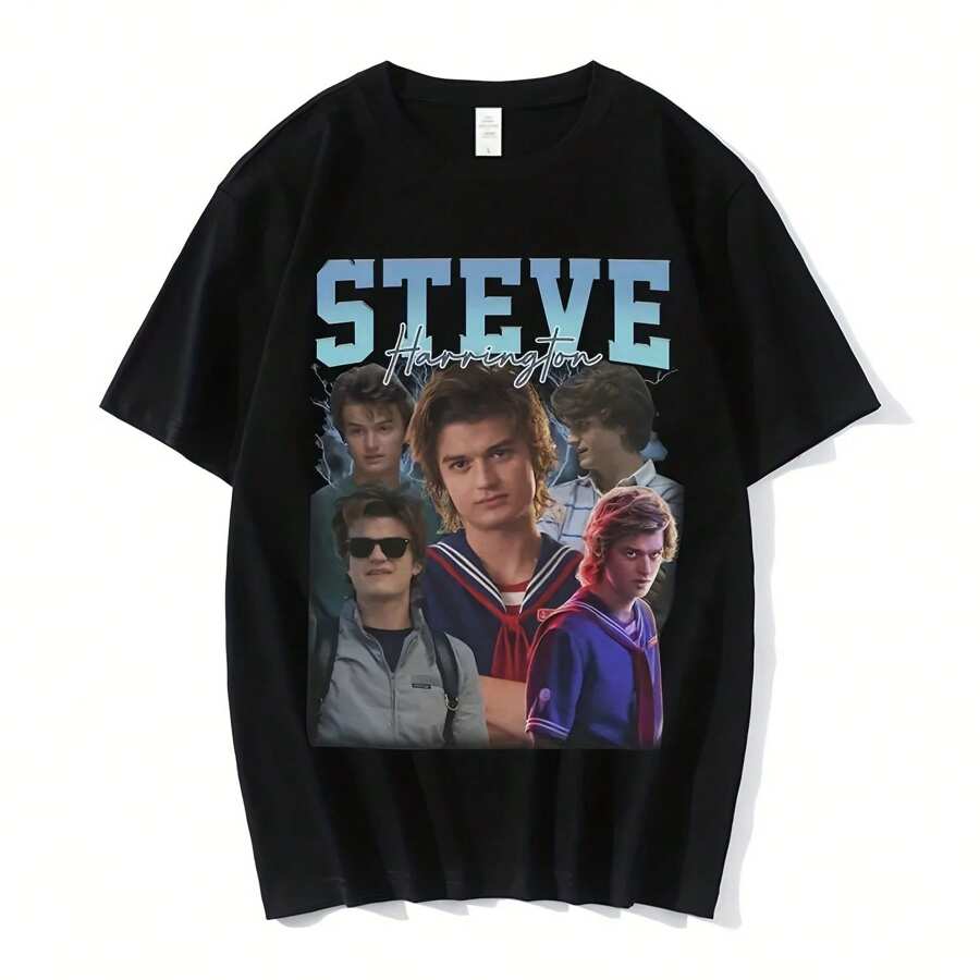 Steve Harrington T-Shirts Men's Graphics Print T-Shirt Uni Short Sve Oversize Pure Cotton T Shirt Haruku Streetwear - Black - View 1