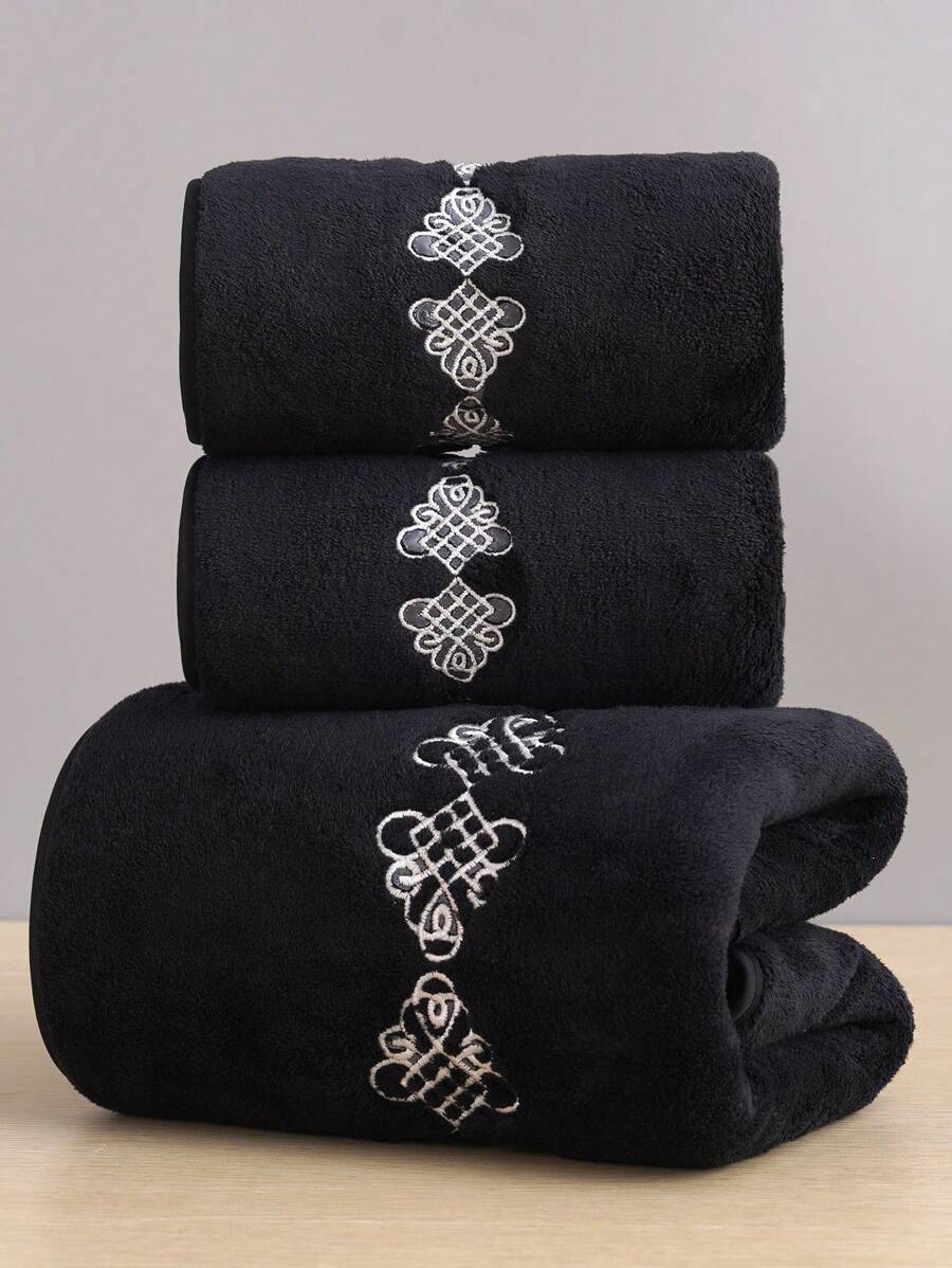 1 pièce Serviette de bain en polaire corail avec broderie exquise de couleur unie ou 1 pièce Serviette, surface douce, absorbante et moelleuse, convient pour la salle de bain, l'hôtel, la salle de sport, les voyages, les cadeaux, le salon, les sports, l'extérieur, la plage, l'école, la rentrée scolaire, les accessoires de voyage, les articles essentiels pour la maison, la serviette, les soins de la peau - Noir - Voir 1