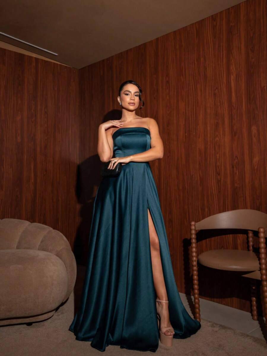 Long Party Dress With Slit Strapless Pocket Flared Bridesmaid Elegant Event Prom Civil Wedding - xanh ngọc lục bảo - Xem 1