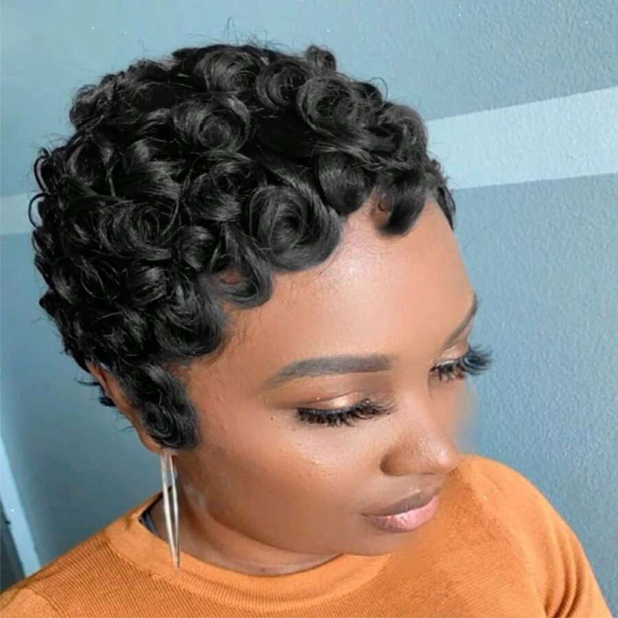 Tóc giả bằng tóc thật ngắn 6 inch - Kiểu tóc xoăn Pixie thanh lịch không ren, mật độ 150%, mũ lưới hoa hồng không keo - Quà tặng năm mới lý tưởng cho mẹ - màu đen - Xem 1