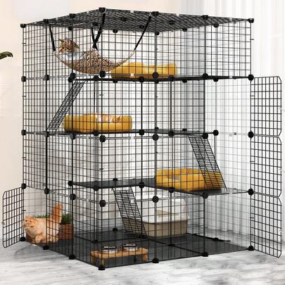 4 Tier Cat Cage Large Cat Enclosures With Hammock Detachable Metal Wire Crate Kennels Indoor/Outdoor Small Animal House Fence For 1-4 Cats,DIY Pet Crate Playpen, 105 X 105 X 140 Cm