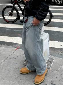 Pantalones vaqueros rectos de algodón denim con bolsillos sesgados, pantalones vaqueros sueltos y lavados que combinan con todo, pareja con pierna recta relajada