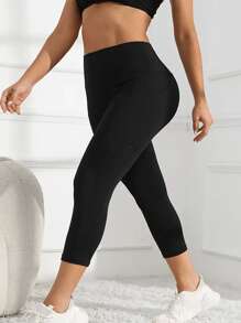 女士高腰紧身七分运动裤，吸湿速干瑜伽紧身裤，春夏款 - 黑色 - 查看 4