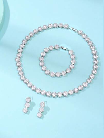 1 Set Of 4pcs Zirconia Necklace, Earrings, Bracelet Jewelry Set, Elegant Bridal Dress, Wedding Party, Engagement Occasion, High-End Accessories, Round Decor, Women's Holiday Gift