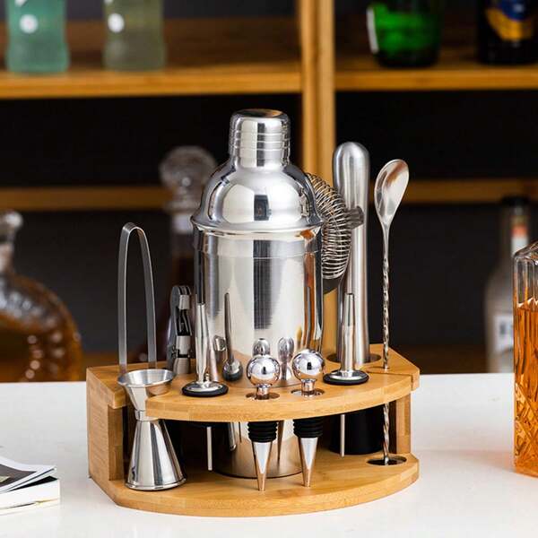 12-Teiliges hochwertiges Cocktail Shaker Set mit 11 Edelstahl-Zubehör und einem Bambusständer, 750ml Shaker, für Bar, Hausparty, Ideales Barset und Geschenk