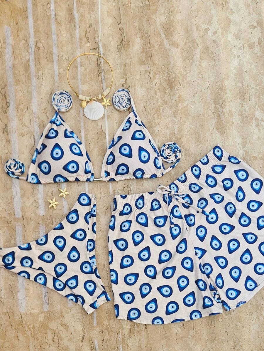 Kit Bikini 3 peças Bikini Roupa Femenina  Roupa de Praia Conjunto de Praia Conjunto de Bikini  Roupa Femenina - Azul - Visão 1