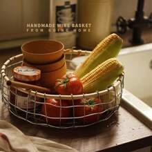 1 件铁丝编织篮，家庭储物篮，水果篮，圆形/方形面包篮，手工储物篮，编织水果蔬菜篮，水果面包储物篮 - 彩色 - 查看 3