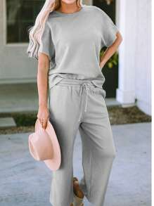 Loose Textured T-Shirt And Drawstring Pants Set Comfortable Fabric Women's Casual Set
