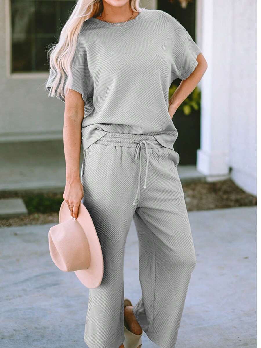 Loose Textured T-Shirt And Drawstring Pants Set Comfortable Fabric Women's Casual Set