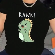 Cute Dinosaur Women's Single Side Printed Short Sleeve T-Shirt Round Neck Summer Fashion Solid Basic T-Shirt Tops Casual Summer Shirts