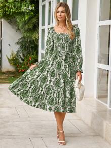 Womens Long Sleeve Maxi Floral Dress Casual Square Neck Long Flowy Boho Dresses - hoa xanh trắng - Xem 3