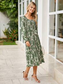 Womens Long Sleeve Maxi Floral Dress Casual Square Neck Long Flowy Boho Dresses - hoa xanh trắng - Xem 6