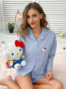 Sanrio 2pcs Women Loose Stripe Open Front Button Down Long Sleeve Shirt + Elastic Waist Wide Leg Shorts Sleepwear Set,Two Pieces Set