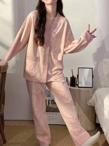2pcs Women Pajama Set: V-Neck Top & Pants, Skin-Friendly Homewear, Spring & Autumn, Two Pieces Set, Fall Winter Clothes