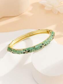1pc Fashionable Gold-Plated Floral Enamel Oval Bangle Bracelet, Jewelry For Women & Girls - Flower - View 5