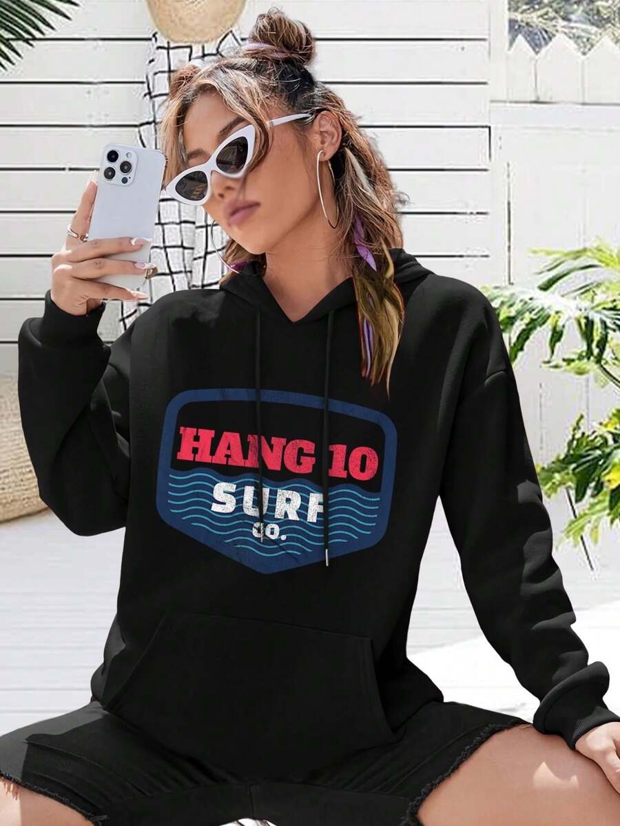 Hang Surf Co Retro Distressed Surfer Women Hoodie 60s Hang Loose Vibe - Surf Shack Surf Shop Water Sports Inspired Women's Jacket - Black - View 1