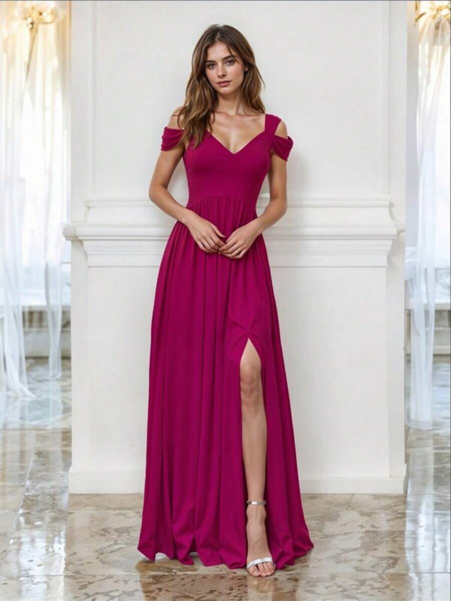 Vestido Largo Elegante con Hombros Descubiertos con Escote en V y Abertura en la Pierna - Rosa Fucsia - Ver 1