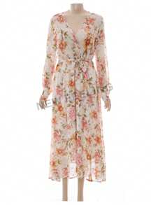 Vestido largo de gasa con estampado en caliente, cuello cruzado, manga larga (con cinturón de tela original) - Blanco - Ver 1