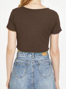 SSLR Women's Short Sleeve T Shirts Crop Tops Waffle Ribbed Henley Tee Scoop Neck T Shirts - Brown - View 4