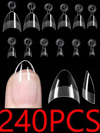 240pcs Short Almond Artificial Nails Half Set Super Short Almond Soft Gel Nail Tips, With Handle, Pre-Polished Transparent Almond Nails, Salon Level Nail Art, Suitable For Her 12 Sizes DIY Home Nail Art Press On Nails