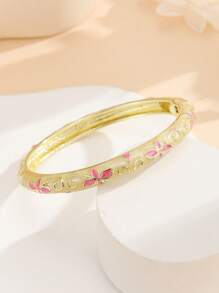 1pc Fashionable Gold-Plated Floral Enamel Oval Bangle Bracelet, Jewelry For Women & Girls - Flower - View 9