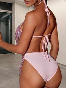 Áo liền thân cổ chữ V họa tiết ngôi sao phối màu tương phản đính sequin và tua rua, buộc dây phía sau, trang phục dự tiệc lễ hội âm nhạc mùa hè dành cho nữ, màu hồng thanh lịch. - Hồng - Xem 3