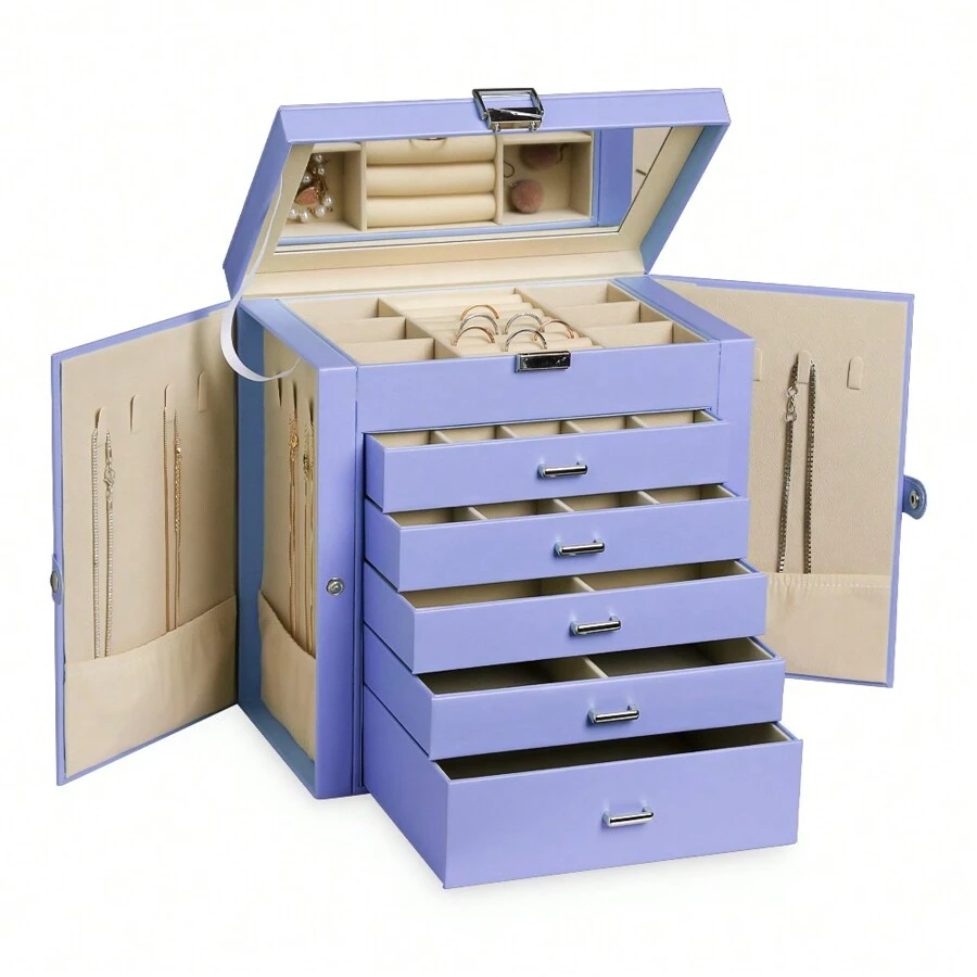Hộp đựng trang sức lớn Frebeauty, Hộp đựng trang sức bằng da PU 6 tầng, Hộp đựng đa năng có gương, Giá đựng phụ kiện có 5 ngăn kéo đựng vòng cổ, vòng tay, đồng hồ, đồ lưu trữ khi quay lại trường học - Màu tím - Xem 1