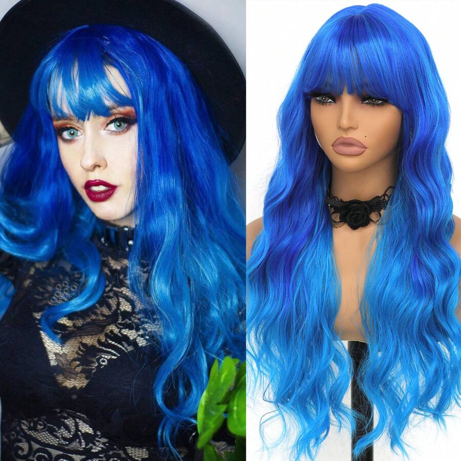 200% Density 26 Inch Blue Bangs Wave Wigs Light Blue Body Wave Heat Resistant Hair Wig For Women Light Blue Water Wave Synthetic Fiber Glueless Colored Hair Wig For Daily Party Cosplay Halloween 26 Inches - Màu xanh ombre - Xem 1