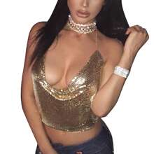 Women's Sling Metal Sequins Backless Blouse Cushion Belt Adjustable Halter Top - 金色 - 查看 1