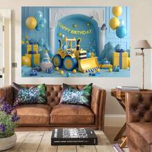 Bannière de toile de fond pour fête d'anniversaire sur le thème de la construction - Polyester décorations d'excavatrice et de bulldozer en arrière-plan, convient pour toutes les occasions et saisons - Photographie d'intérieur/extérieur multifonctionnelle - 1 pièce, nappe, rideau