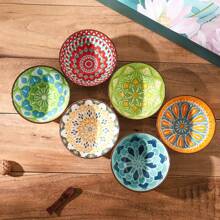 6pcs 4.72-Inch Glazed Ceramic Bowl Set, Bohemian Style Ceramic Bowls, Cereal Bowl, Soup Bowl, Dessert Bowl, Salad Bowl, Rice Bowl, Dishwasher/Oven/Microwave Friendly, Multi-Functional Kitchen & Dining Ware,School Supplies