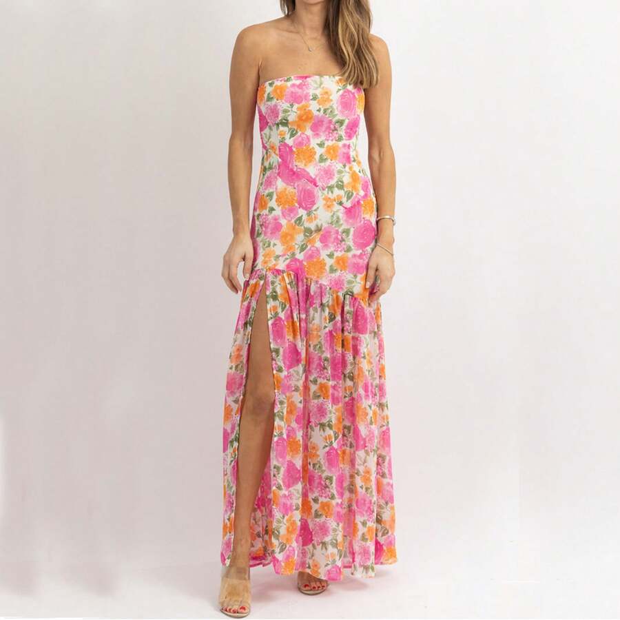 Women Tube Top Dress Slim Strapless Backless Mesh Patchwork Maxi Dress ...