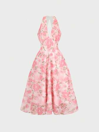 复古花卉印花 V 领露背中长连衣裙，适合情人节、度假和外出