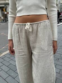 Women's Stripe Print Pants Drawstring Low Rise Straight Leg Trousers Bottoms - Light Grey - View 3
