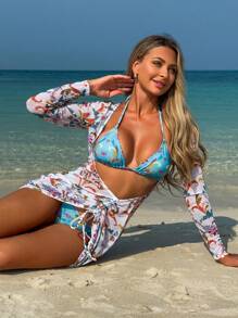 3 件套印花网眼罩衫和吊带比基尼套装，性感泳装，欧美风格，适合夏季海滩度假