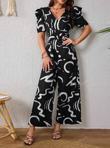 Elegante Mono De Pierna Ancha Escote En V Manga Abullonada Casual Para Mujer Con Estampado