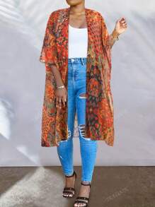 Plus Size Allover Floral Print Cover Up Women Open Front Kimono Vocation Beach Outfits Summer