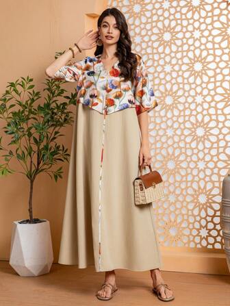 女士花卉拼布 V 领 1/2 袖长款阿拉伯连衣裙优雅长袖长袍 Abaya 朴素卡夫坦 Jalabiya 阿拉伯连衣裙斋月风格