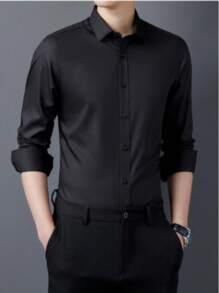 Men's Long Sleeve Plain Button Down Dress Shirt Comfortable Imported Dress Blouse - 黑色 - 查看 3